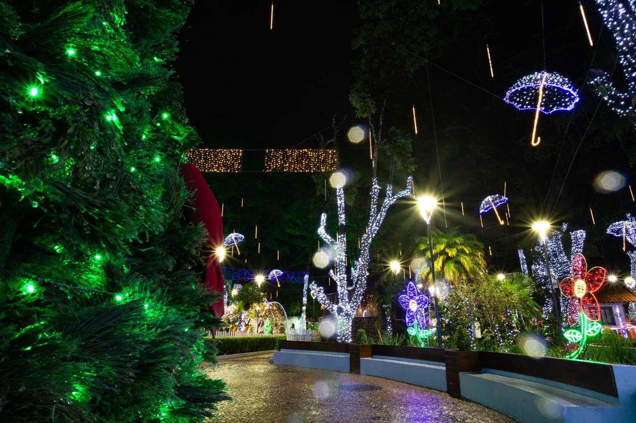 Parque iluminado à noite com luzes coloridas e decoração festiva de Natal.